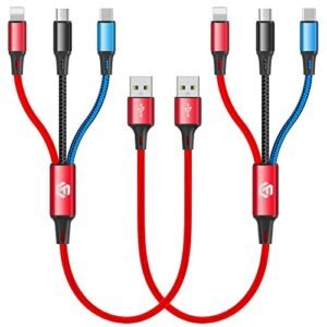 Multi Charging Cable 1FT, Short Multi Charger Braided 3 in 1 Universal Multiple USB Cable with Type C/Micro USB/Lightning Ports Compatible with Most Phones & iPads Power Bank(Charging Only,2Pack)