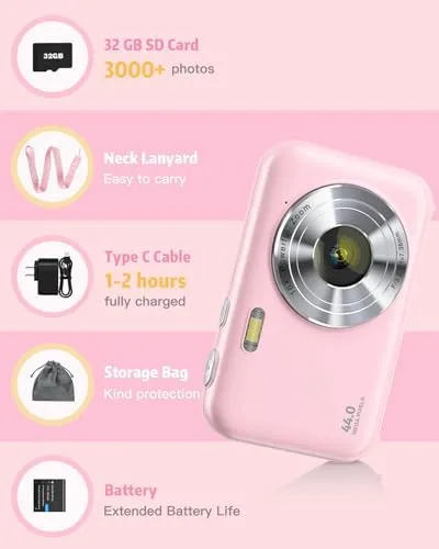Digital Camera, FHD 1080P Kids Camera with Neck Lanyard 32GB Card Battery, Anti-Shake 16X Digital Zoom, 44MP Point Shoot Cameras, Compact Portable Small Gift Camera for Kid Teen Student Girl Boy(Pink) - Image 9