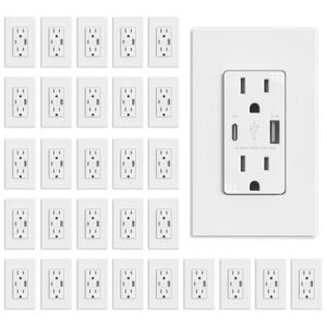 ELEGRP USB Charger Wall Outlet, USB Receptacle with USB A & USB C Ports, 15 Amp Duplex Tamper Resistant Receptacle Plug NEMA 5-15R, Wall Plate Included, UL Listed, 30 Pack, Matte White