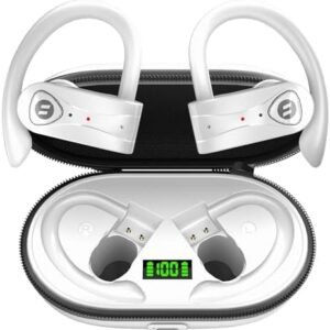 Bluetooth Headphones Noise Canceling 4 Mics Clear Call Stereo Bass Sound 60H Playtime Wireless Charging Case Over Ear Earphones LED Digital Display Headset with Earhooks for Sports Running Workout Gym