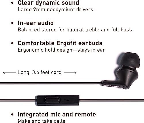 Panasonic ErgoFit Wired Earbuds, In-Ear Headphones with Microphone and Call Controller, Ergonomic Custom-Fit Earpieces (S/M/L), 3.5mm Jack for Phones and Laptops - RP-TCM125-KA (Matte Black) - Image 2
