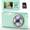 Digital Camera, HD 1080P Compact Camera with 32GB Memory Card, 48 Megapixel Camera, 2.4-inch LCD 16x Digital Zoom Digital Camera for Kids, Girls, Teens, Boys and Beginners（Green
