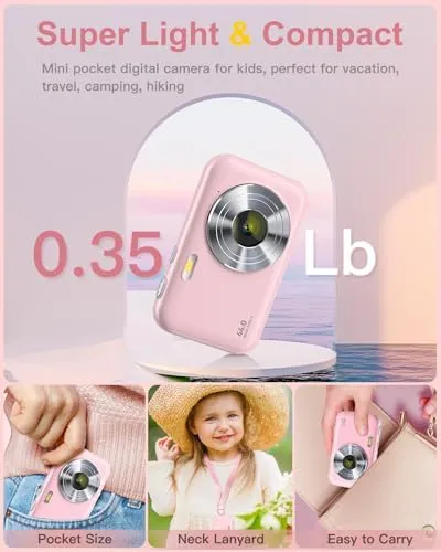 Digital Camera, FHD 1080P Kids Camera with Neck Lanyard 32GB Card Battery, Anti-Shake 16X Digital Zoom, 44MP Point Shoot Cameras, Compact Portable Small Gift Camera for Kid Teen Student Girl Boy(Pink) - Image 5