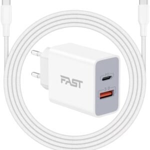 20W European USB C Travel Plug Adapter with 6FT Cable for iPhone 15/15 Pro Max /15 Plus, iPad, Galaxy S24, International USB C Fast Charger Block for Europe EU Spain Italy France Travel Essentials