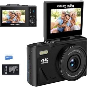 64MP Digital Camera for Photography and Video: 4K Vlogging Camera for YouTube with 3’’ Flip Screen,16X Digital Zoom, 32GB TF Card(Black)