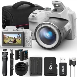 64MP Digital Camera for Photography Autofocus, 4K vlogging Camera for YouTube with Strap&Tripod,16X Anti-Shake Compact Travel Camera with WiFi & App Control, Flash,SD Card, 2 Batteries (White)