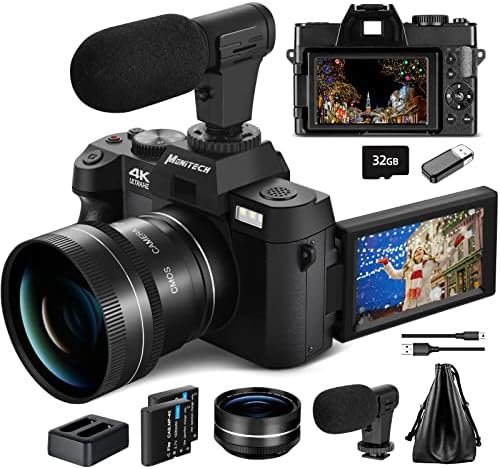 Mo Digital Cameras for Photography & 4K Video, 48 MP Vlogging Camera for YouTube with 180° Flip Screen,16X Digital Zoom,Flash & Autofocus,52mm Wide Angle & Macro Lens,2 Batteries,32GB SD Card(Black)