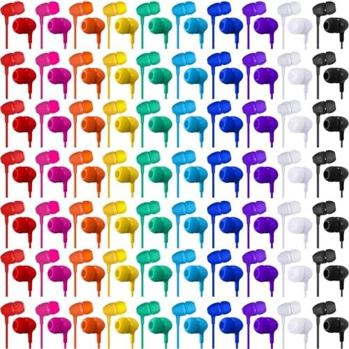 Macarrie 200 Pack Earbuds Bulk Kids Earphones 3.5 mm Classroom Headphones for Students Assorted Colors Earbud Wired Earphone Without Mic for School Classroom Student Individually Bagged(Colorful)