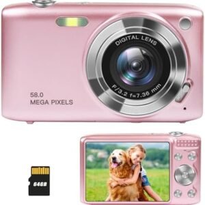 4K Digital Camera, Digital Point and Shoot Camera for Teens Adults, 58MP Photo Beginner Cameras with Autofocus, 16X Zoom, Macro Mode, 64GB Card, 20 Filter Effects, Small Digital Camera Pink for Girls