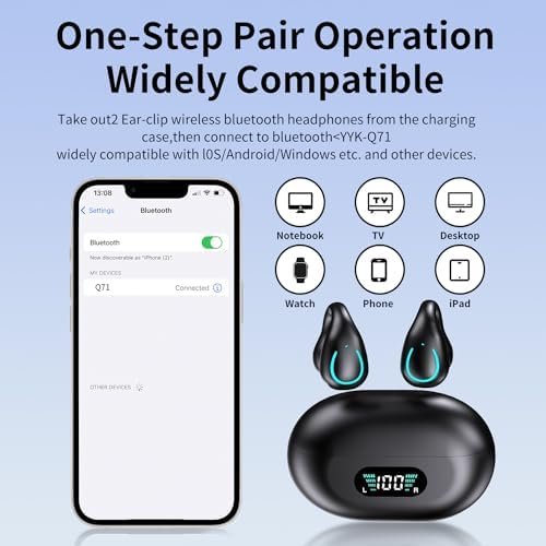 Open Ear Clip Bone Conduction Wireless Earbuds Bluetooth 5.3,Sports Earphones Built-in Microphone with Earhooks,with Digital Display Charging Case,IPX7 Waterproof Fitness Headphones for Runnin(Black) - Image 4
