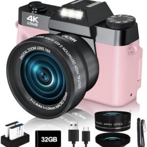 VJIANGER 4K Vlogging Camera for YouTube 48MP Digital Camera for Photography and Video with Flip Screen, Manualfocus, 16X Digital Zoom, 52mm Wide Angle & MacroLens, 32GB TF Card, 2 Batteries(Pink)