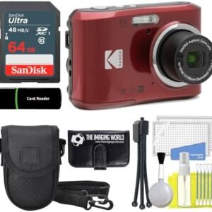 Kodak PIXPRO FZ45 16MP Digital Camera 4X Optical Zoom 27mm Wide Angle 1080P Full HD Video 2.7" LCD Camera (Red) + 64GB Card and Reader + Case + Memory Wallet + Tripod + Cleaning Bundle