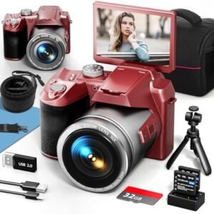 64MP Digital Camera for Photography, 4K Vlogging Camera for YouTube with 3” Flip Screen,16X Digital Zoom, WiFi& Autofocus,2 Batteries, 32GB TF Card(S200,Red)