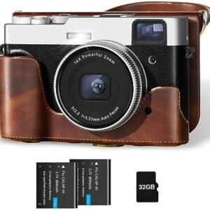 Upgraded 4K Digital Camera with Leather Case, 48MP Vlogging Cameras for Photography and Video with Viewfinder, Point and Shoot Camera for YouTube with 32G Card & 2 Batteries