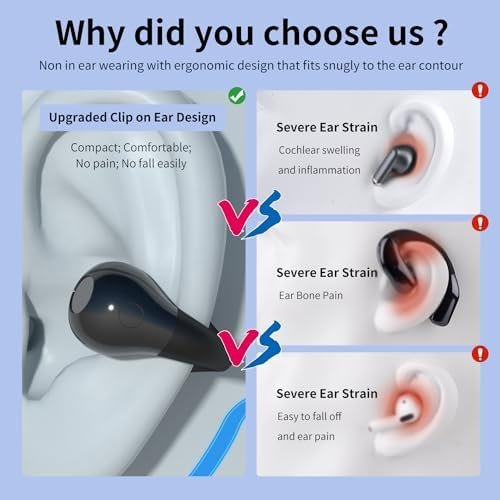 Open Ear Clip Bone Conduction Wireless Earbuds Bluetooth 5.3,Sports Earphones Built-in Microphone with Earhooks,with Digital Display Charging Case,IPX7 Waterproof Fitness Headphones for Runnin(Black) - Image 6