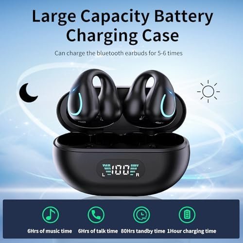 Open Ear Clip Bone Conduction Wireless Earbuds Bluetooth 5.3,Sports Earphones Built-in Microphone with Earhooks,with Digital Display Charging Case,IPX7 Waterproof Fitness Headphones for Runnin(Black) - Image 2