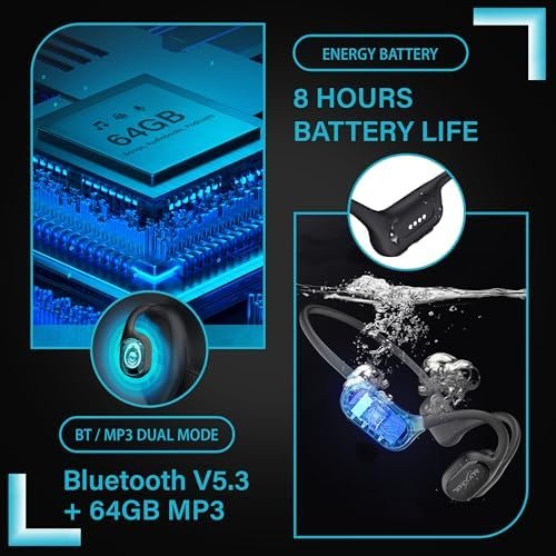 Swimming Bone Conduction Headphones, IP68 Waterproof, Built-in 64G Memory, Open-Ear Wireless Bluetooth Underwater Earphones with MP3 Mode for Running, Cycling and Working Out - Image 6