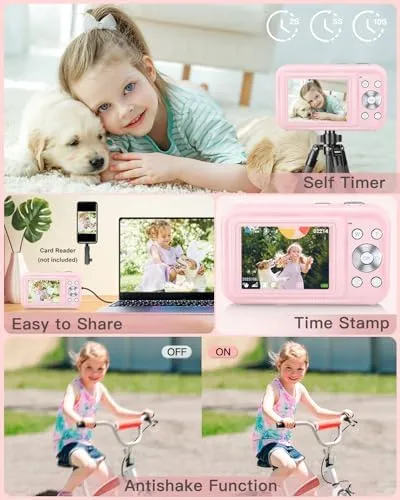 Digital Camera, FHD 1080P Kids Camera with Neck Lanyard 32GB Card Battery, Anti-Shake 16X Digital Zoom, 44MP Point Shoot Cameras, Compact Portable Small Gift Camera for Kid Teen Student Girl Boy(Pink) - Image 6