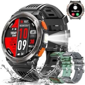 EIGIIS KE5 Military Smart Watch for Men with Flashlight SOS 3ATM Waterproof Watch 530mAh Big Battery 1.45" Rugged Tactical Smartwatch with Compass Elevation Barometer Fitness Watch for iPhone Android
