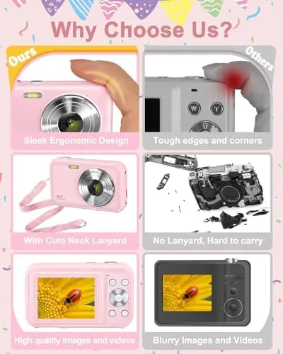 Digital Camera, FHD 1080P Kids Camera with Neck Lanyard 32GB Card Battery, Anti-Shake 16X Digital Zoom, 44MP Point Shoot Cameras, Compact Portable Small Gift Camera for Kid Teen Student Girl Boy(Pink) - Image 7