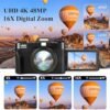 4K Digital Cameras for Photography, 48MP Vlogging Camera with 32GB Card, Wide Angle Lens & Macro Lens Video Camera,16X Zoom Point and Shoot Small Digital Camera, 3'' 180° Flip Screen Compact Camera,B - Image 2