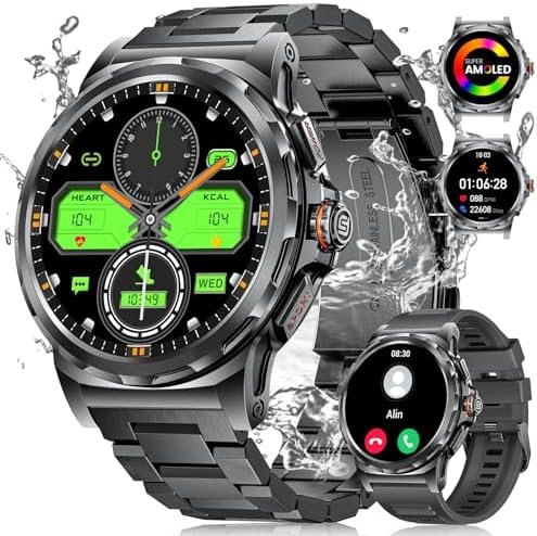 Military Smart Watches for Men,1.43" AMOLED Fitness Watch with 126+ Sports Modes/5ATM Waterproof/Pedometer/Heart Rate/Blood Pressure,Tactical Rugged Smartwatch for Android iOS