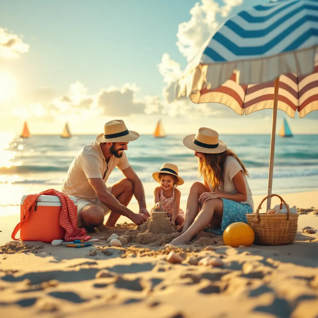 Joyful Family Building Sandcastle Beach Sunset