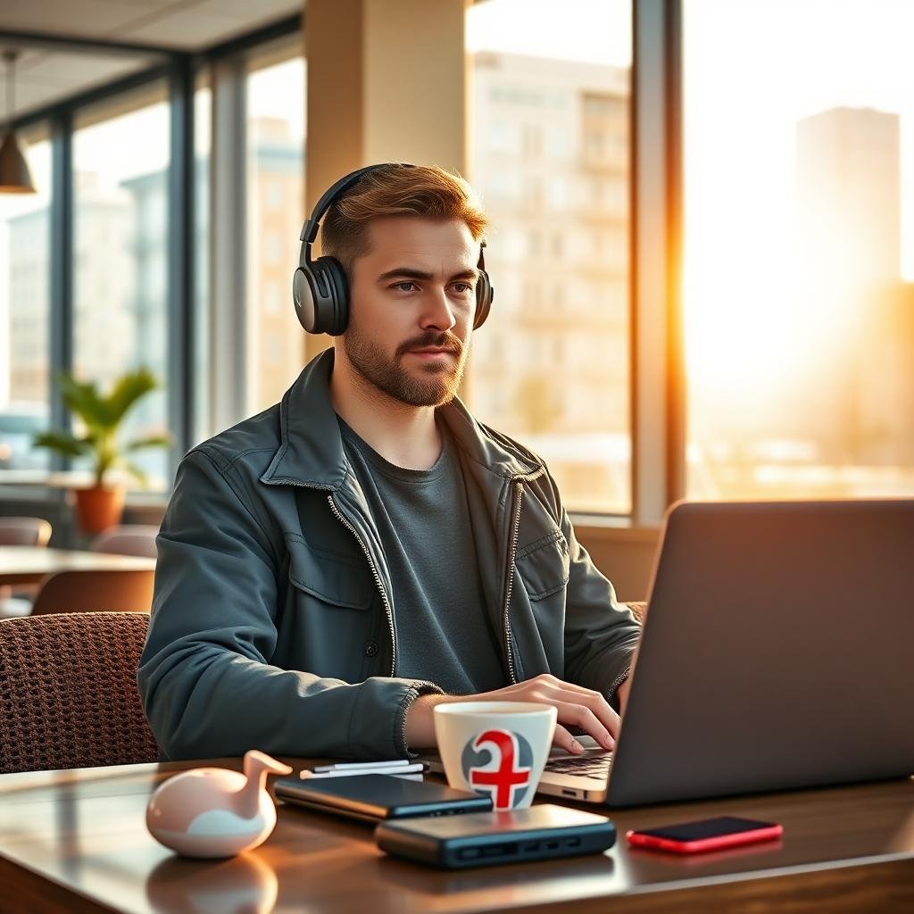 Digital nomad using compact travel gadgets in a cozy café, including a laptop, foldable keyboard, and power bank, updated September 2025