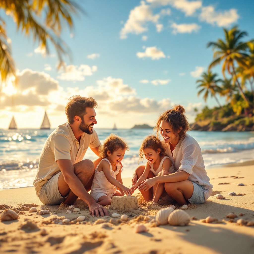 A joyful multigenerational family enjoys a sunny beach day, building sandcastles and playing near the waves, embodying the spirit of an affordable family beach vacation 2025.