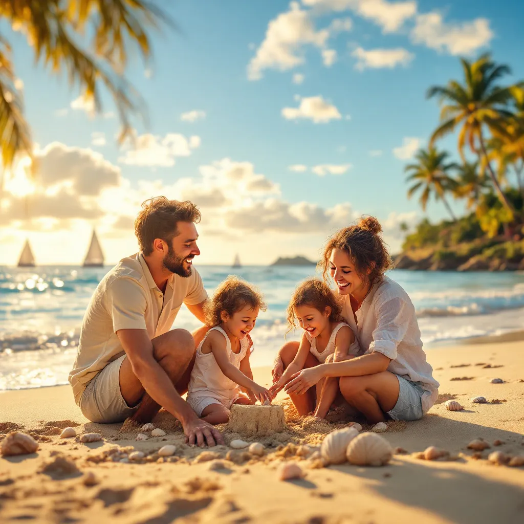A joyful multigenerational family enjoys a sunny beach day, building sandcastles and playing near the waves, embodying the spirit of an affordable family beach vacation 2025.