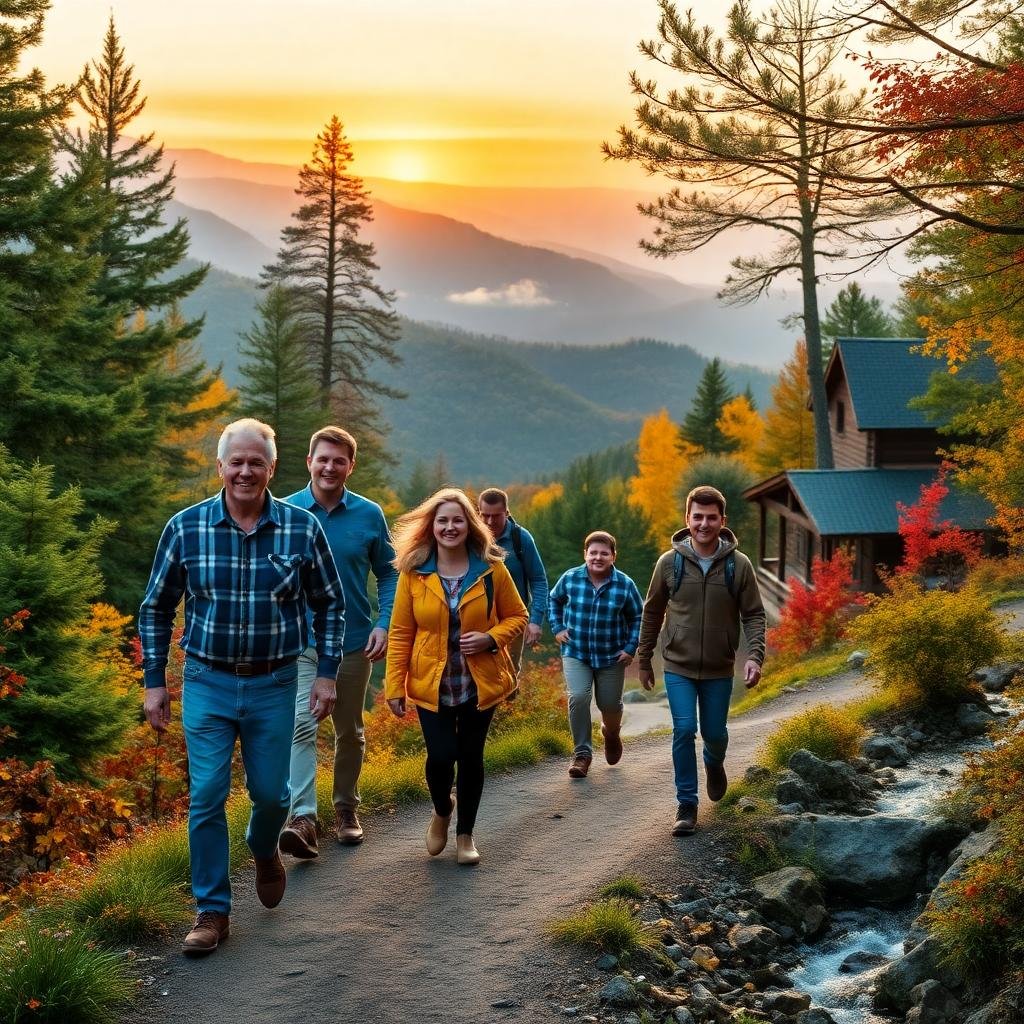 Multi-generational family hiking a mountain trail in the Smoky Mountains during autumn, surrounded by colorful fall foliage and a scenic sunset view near a cabin.
