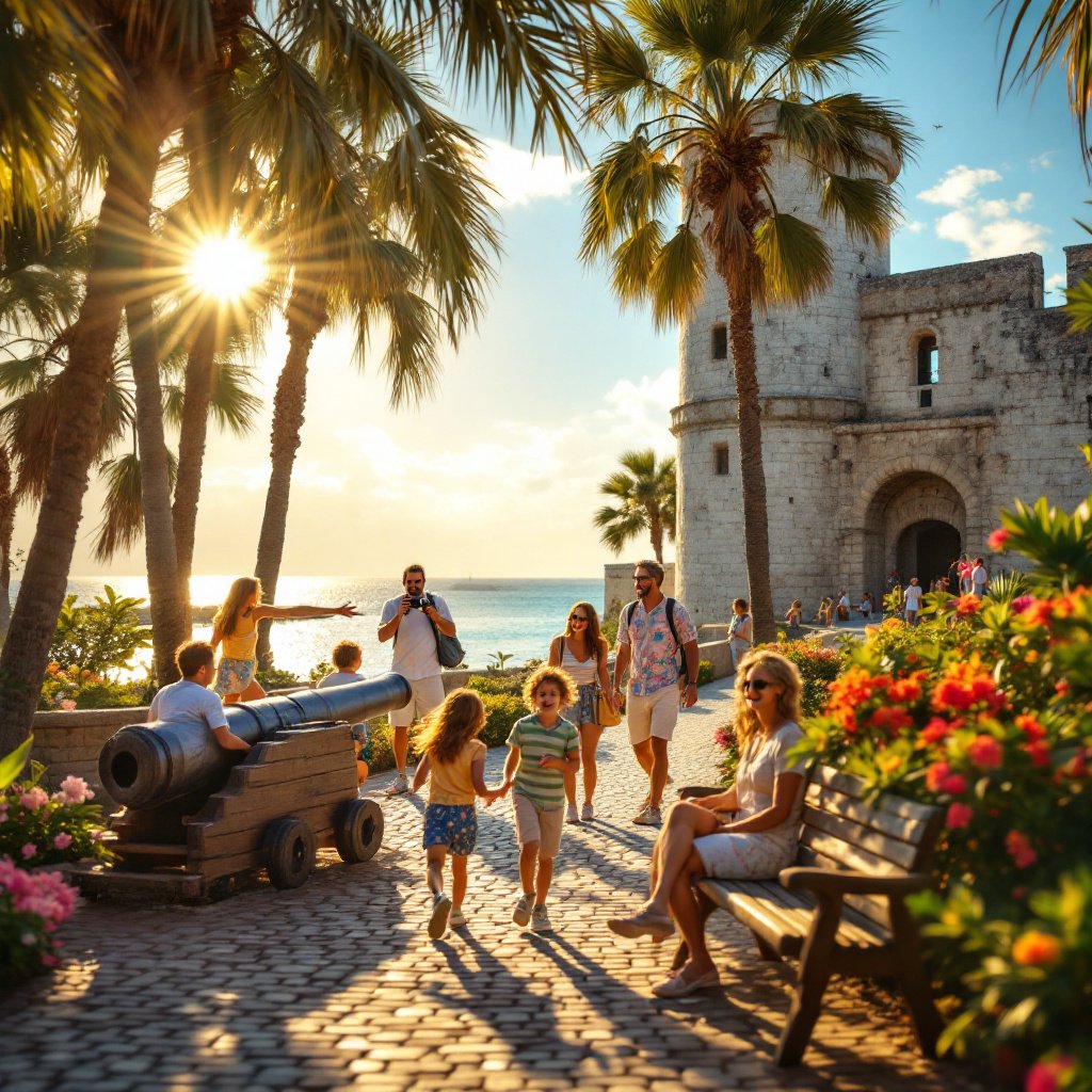 Multigenerational family enjoying a sunny vacation at Castillo San Marcos with palm trees, flowers, and ocean views in the background.