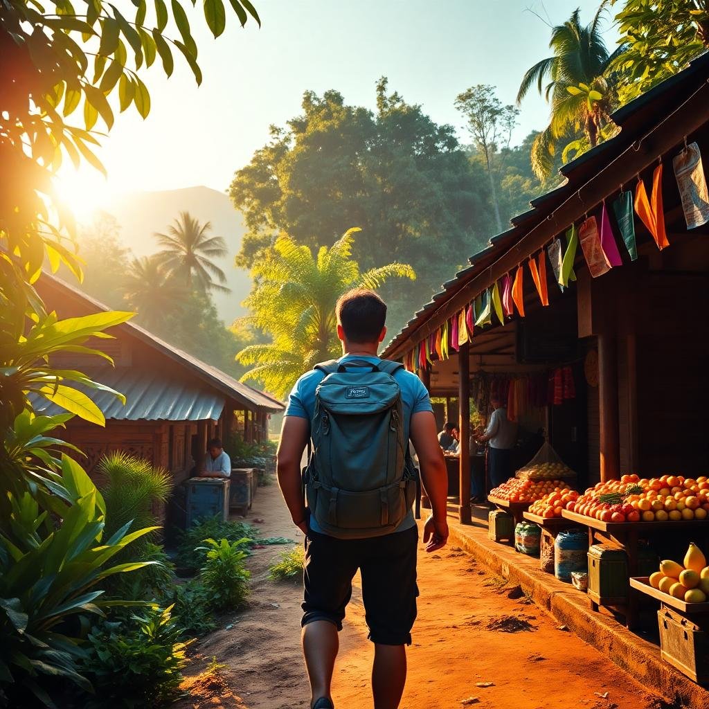 Solo traveler with a backpack walking through a vibrant village market at sunrise, surrounded by tropical trees, colorful fruit stalls, and hanging flags.
