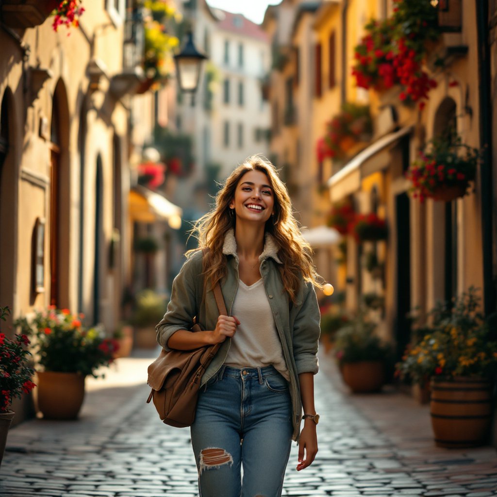 Solo female traveler embracing the freedom of light minimalist travel in a picturesque European city, ready for her 2025 adventure