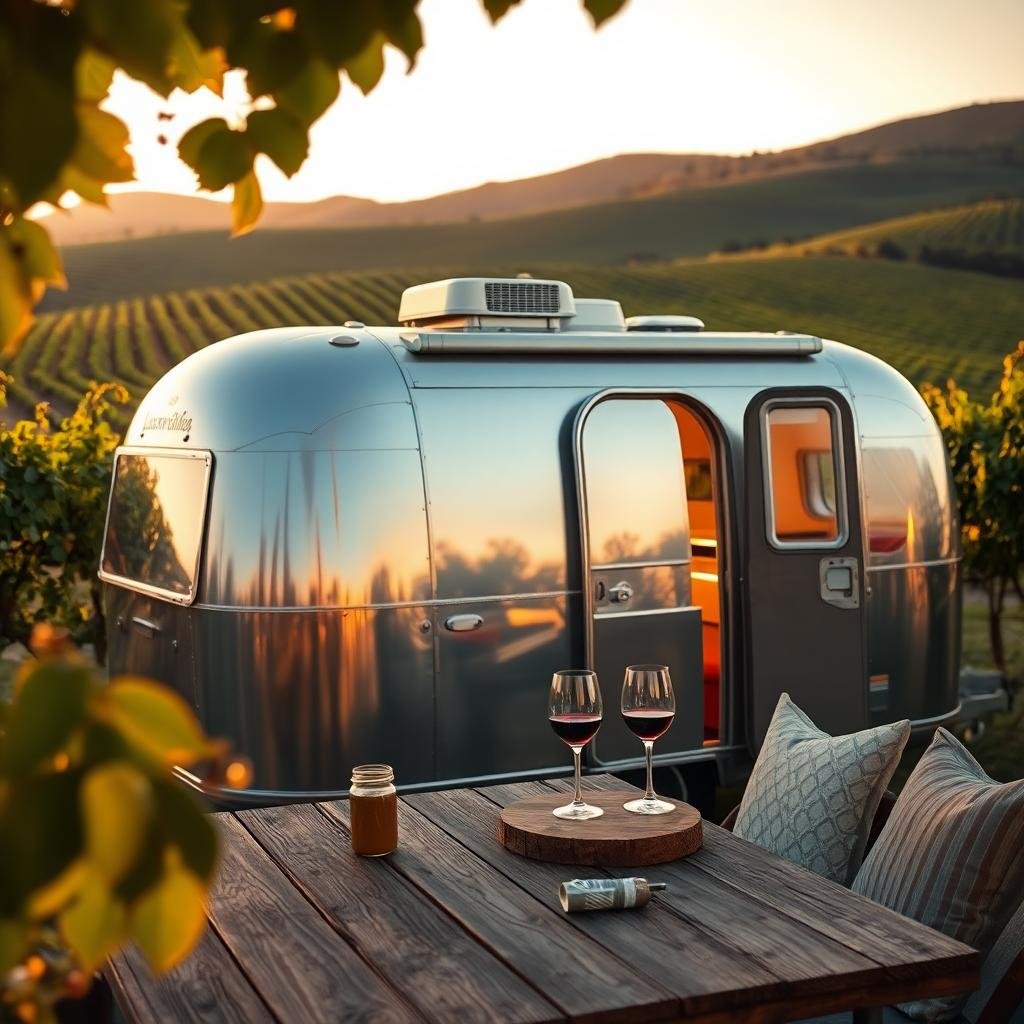 Vintage Airstream trailer at sunset in a vineyard with wine glasses on a rustic wooden table, perfect Napa Valley glamping experience.