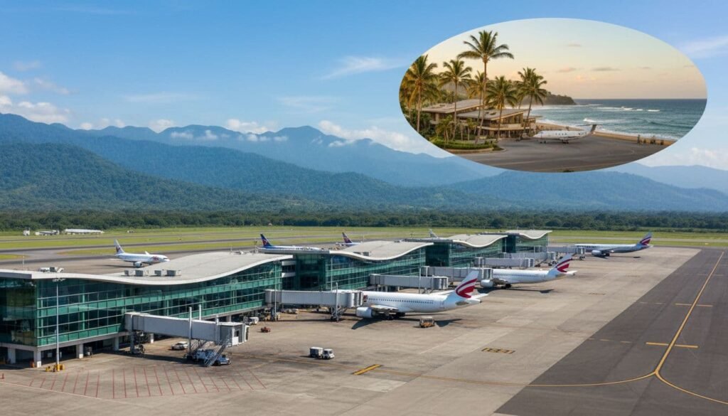 A view of a modern airport terminal with several airplanes parked on the tarmac, surrounded by lush green mountains. An inset image shows a small tropical airport near the ocean with palm trees and a plane on the runway.