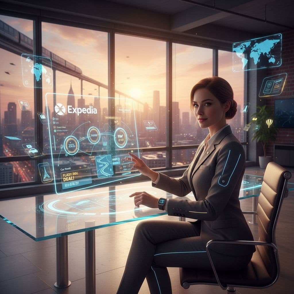 Businesswoman in a modern office using futuristic holographic screens to browse travel deals and itineraries on Expedia, with a city skyline visible through large windows at sunset.