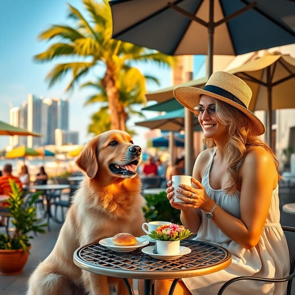 Smiling woman in a sunhat enjoying coffee at an outdoor café with her golden retriever sitting beside her, surrounded by palm trees and city buildings in the background on a sunny day.