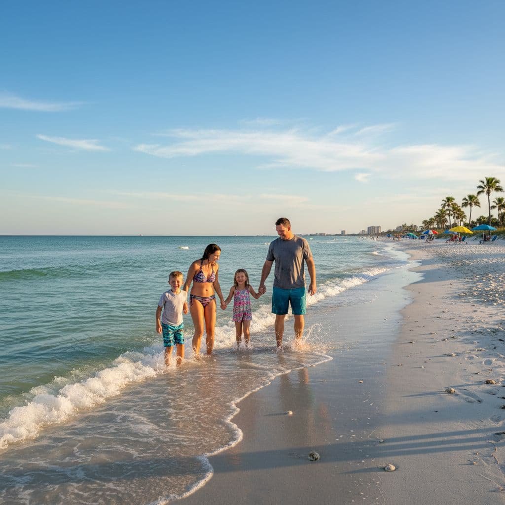Happy family walking and playing in the shallow waves along Panama City Beach at sunset, enjoying a warm tropical evening with palm trees in the distance