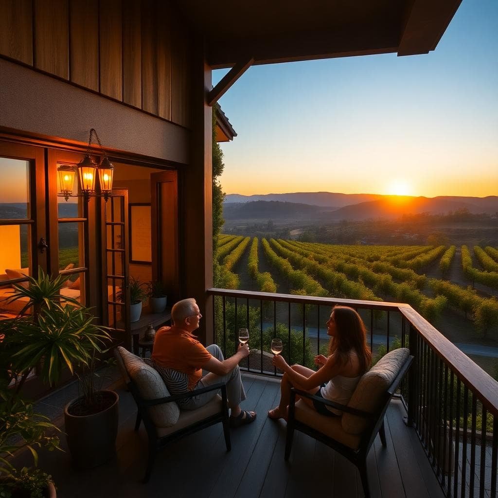a cozy boutique resort balcony overlooking Napa Valley vines at golden hour, perfect for budget-friendly romance.
