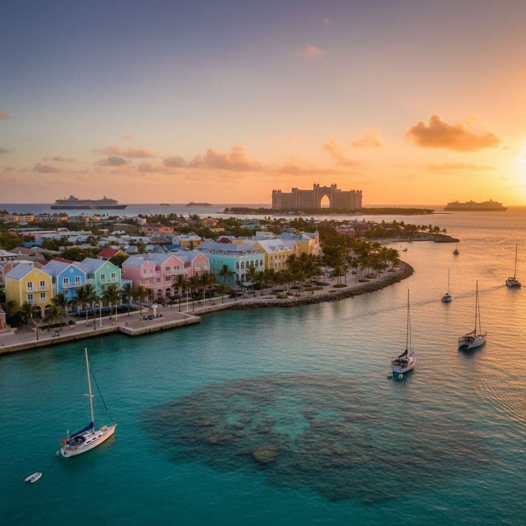 Scenic sunset view of Nassau, Bahamas, with colorful waterfront houses, sailboats in turquoise water, and the Atlantis Paradise Island Resort visible in the distance.