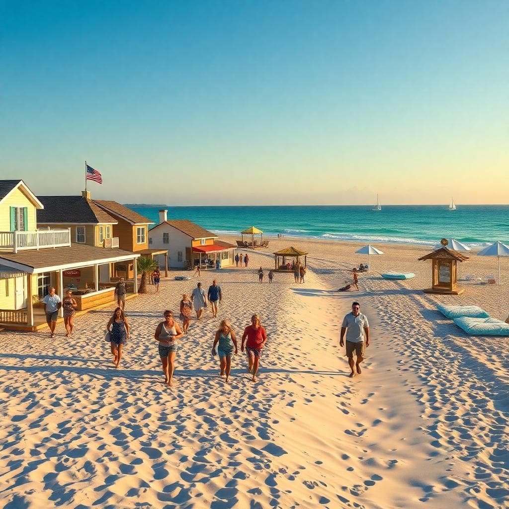 Quaint Gulf Shores beach town at sunset with people walking on soft white sand, colorful beach houses, and sailboats on the horizon