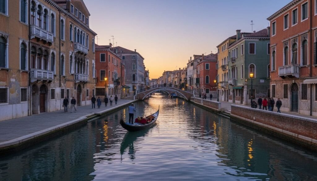 Scenic view of a gondola gliding through a peaceful canal in Venice at sunset, surrounded by colorful historic buildings and people walking along the cobblestone paths.