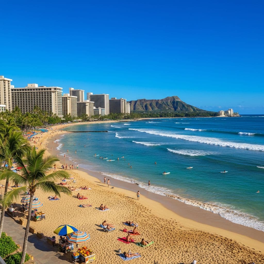 Waikiki Beach in Honolulu with Diamond Head in the background, sunny December day perfect for family beach vacations