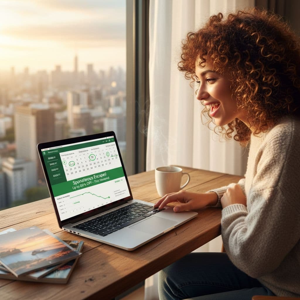 Smiling woman sitting by a window with a city view, using a laptop to search for budget travel deals, with a cup of coffee and travel brochures on the table.