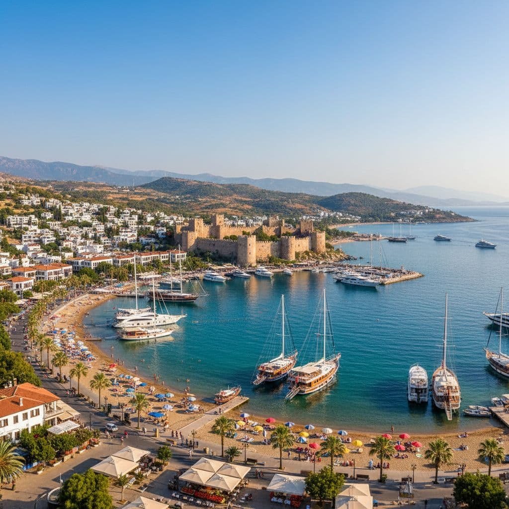A panoramic view of Bodrum, Turkey, featuring Bodrum Castle overlooking a turquoise bay filled with yachts, a sandy beach lined with umbrellas, palm trees, and whitewashed buildings along the coastline