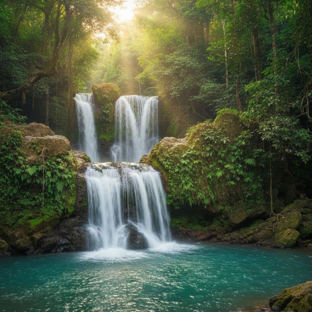 Hidden waterfall in the lush rainforest of North Bali, cascading over moss-covered rocks into a turquoise pool with sunlight streaming through the trees.