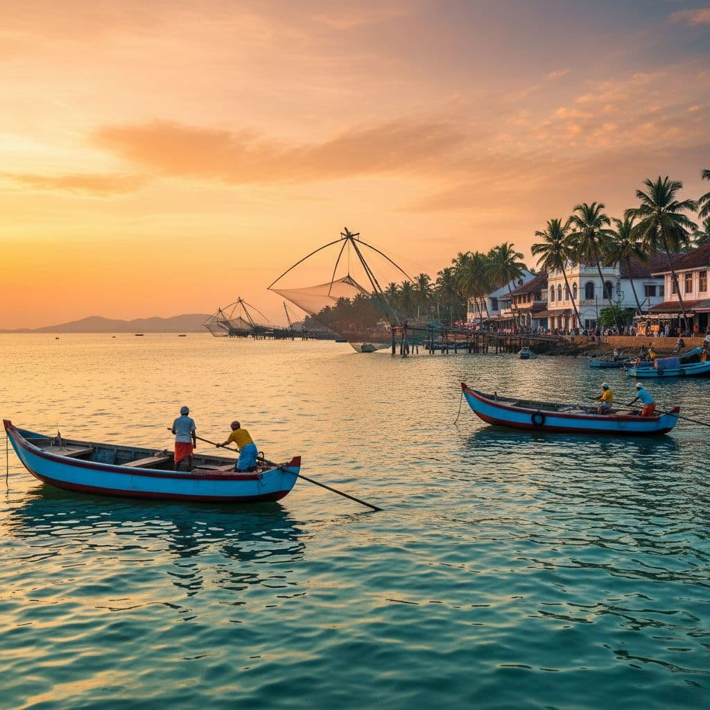 Fishermen in small wooden boats on calm water at sunset near the traditional Chinese fishing nets of Kochi, Kerala, with palm trees and coastal buildings along the shore.