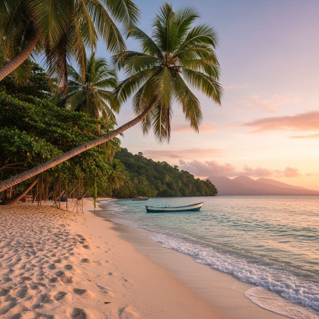 Peaceful Caribbean beach in Limón, Costa Rica at sunset, with leaning palm trees, soft golden sand, gentle waves, and a small boat floating near the shore.