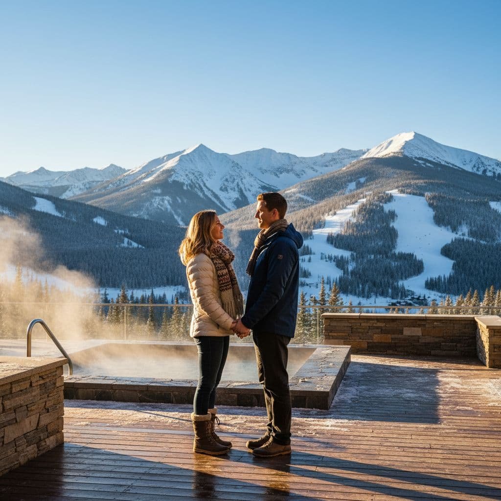 Couple standing hand in hand on a winter terrace overlooking snow-covered mountains and ski slopes at sunset, with steam rising from a nearby hot tub.